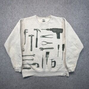Vintage Relevant Products size Large Men's Gray Tools All Over Print Sweatshirt